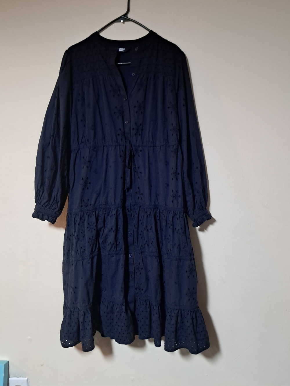 Lands' End Navy Eyelet Broiderie Tiered Balloon Long-Sleeve Drawstring Dress M.
